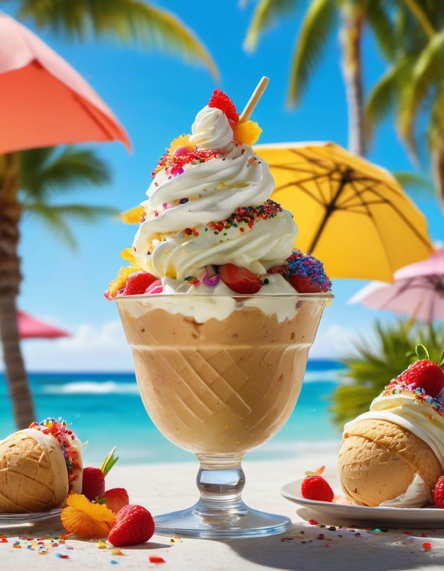A vibrant summer scene showcasing a beautifully arranged ice cream sundae topped with colorful sprinkles, drizzled in various syrups, and surrounded by playful summer elements like sun hats, fruity drinks with umbrellas, and cheerful children enjoying their treats. The background features a sunny beach with palm trees and a clear blue sky, evoking a sense of joyful relaxation. super-realistic. vibrant colors. cheerful atmosphere.
