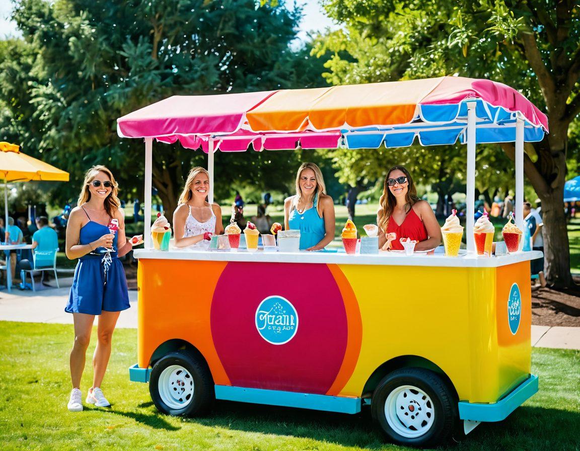 A vibrant scene featuring a sunny outdoor ice tub setup with smiling people enjoying frozen treats, colorful ice tubes filled with fruity flavors, and a picturesque backdrop of a park or beach. An ice cream vendor nearby adds to the joyful atmosphere. The focus should be on the fun and refreshing experience of enjoying frozen delights. bright colors. bright, cheerful theme. summer vibes.